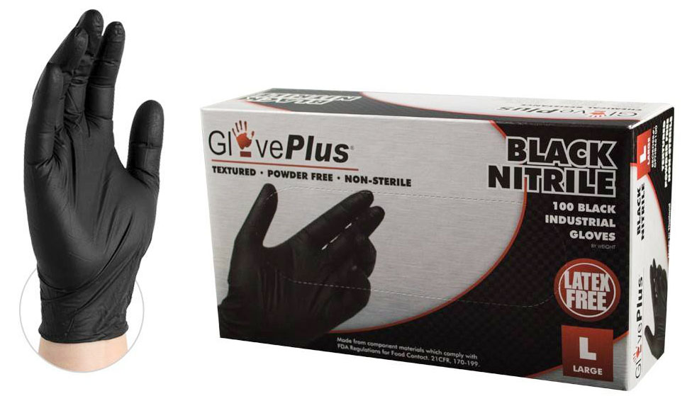 LATEX GLOVES XL 100bx - GlovePlus Black Nitrile Industrial Disposable Gloves