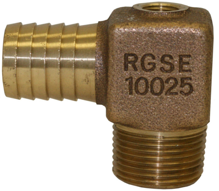 1" BRASS  X 1" HOSE BARB ELB W/PORT - Plastic Pipe to Male Iron Pipe (MIP) with 1/4" Tapping